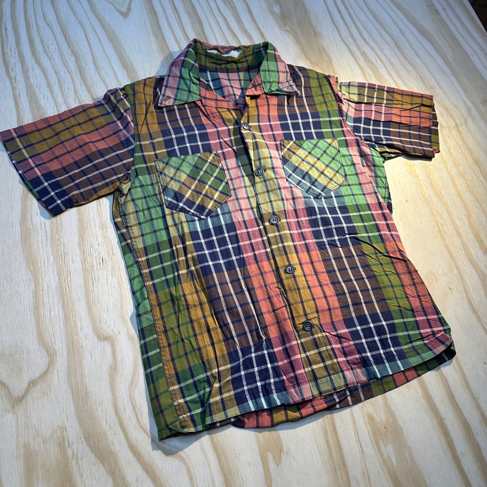Vintage Plaid Short Sleeve Button Up Shirt Multicolor Camp Collar Distressed XS